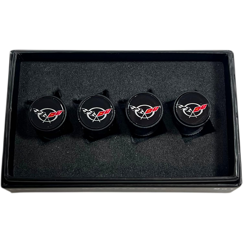 Corvette Crossed Flag Logo Valve Stem Caps - Black Carbon Fiber 4 Pieces : 1997-2004 C5