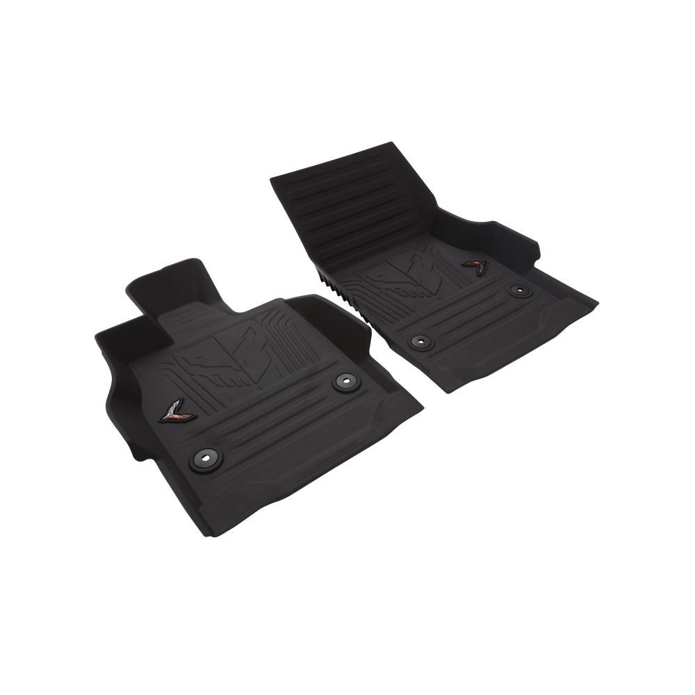Corvette All Weather Floor Liners w/Crossed Flag Logos - Jet Black : C8 2020-2025 Clearance