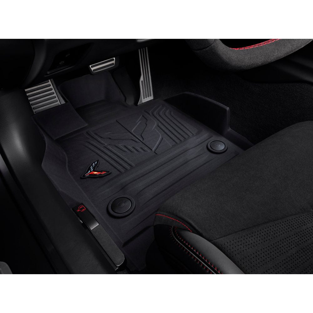 Corvette All Weather Floor Liners w/Crossed Flag Logos - Jet Black : C8 2020-2025 Clearance