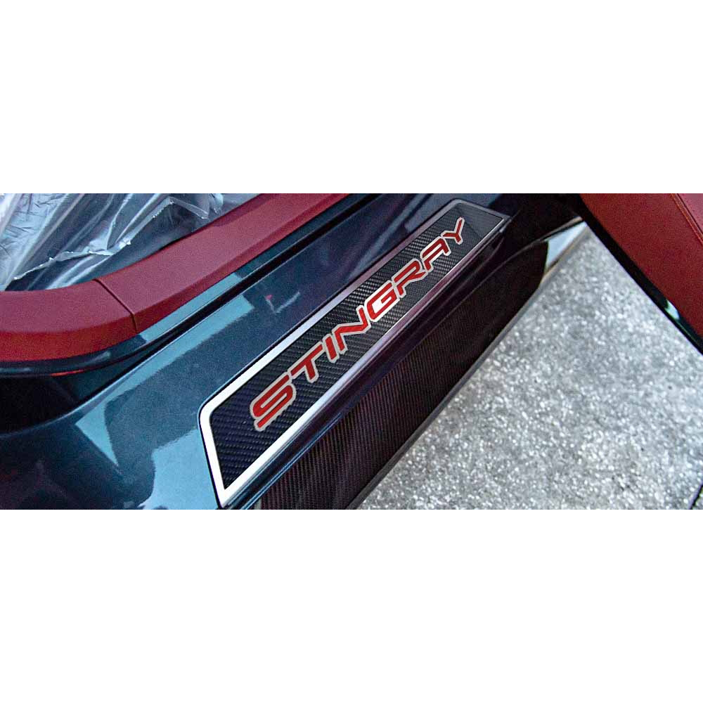 C8 Corvette Door Sills Carbon Fiber W/ Brushed Stainless Stingray Inlay