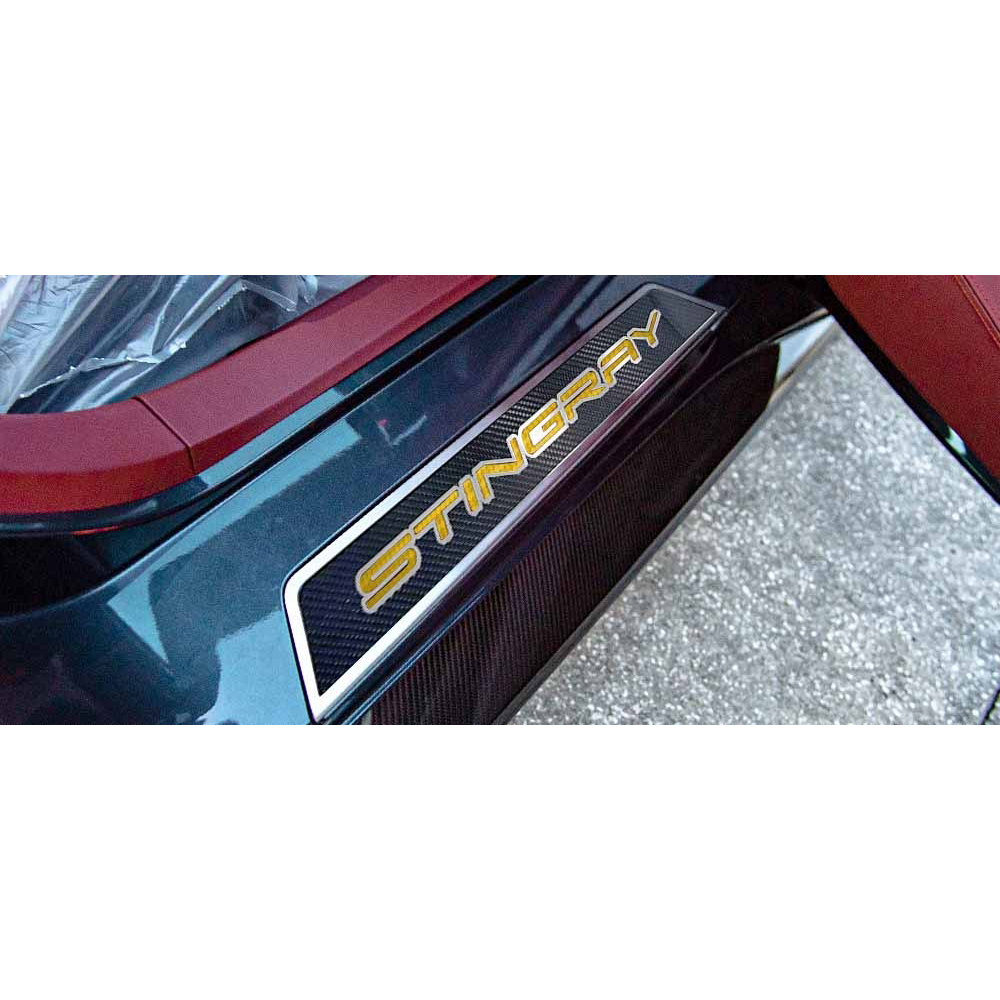 C8 Corvette Door Sills Carbon Fiber W/ Brushed Stainless Stingray Inlay