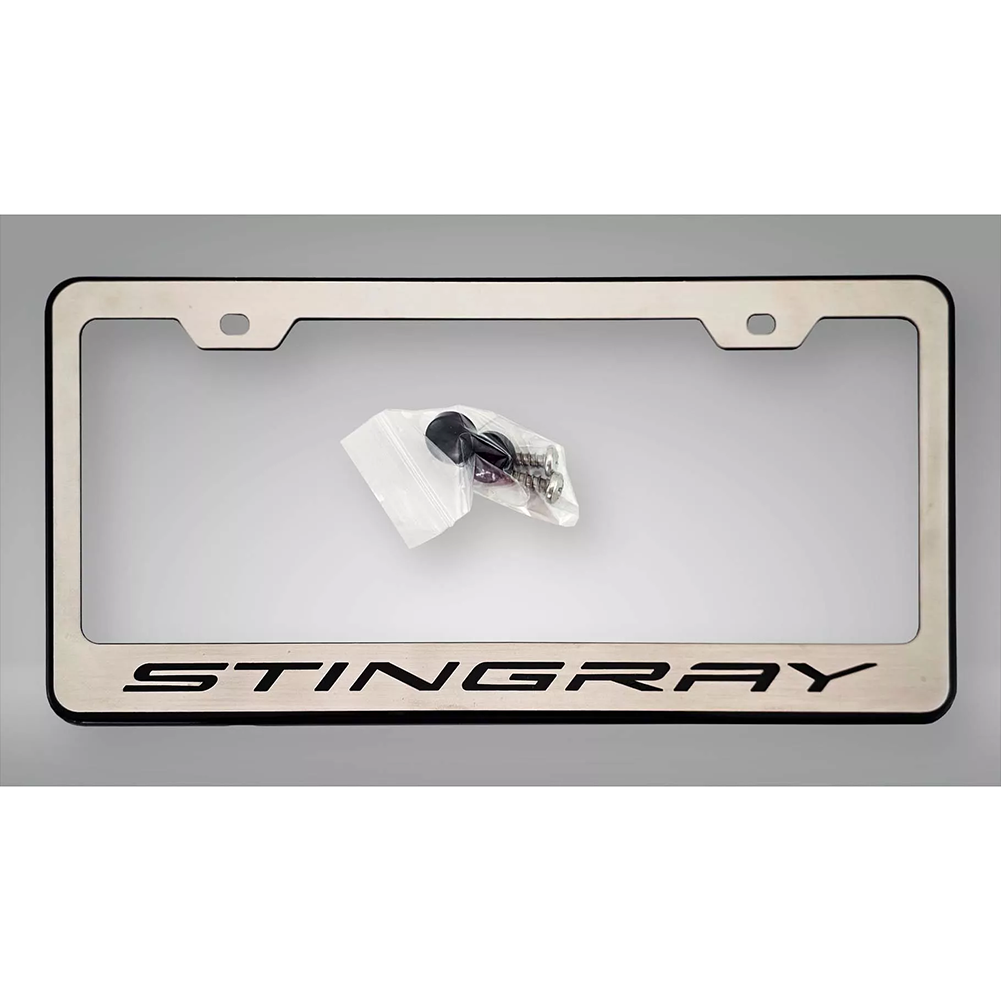 C8 Corvette - License Plate Frame Brushed Stainless Steel W/ Black Stingray Script