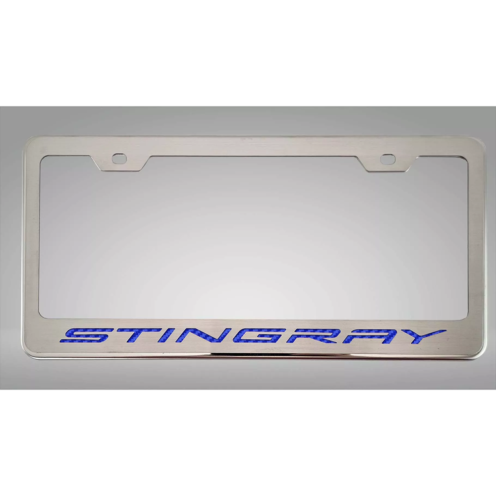 C8 Corvette - License Plate Frame Brushed Stainless Steel W/ Carbon Fiber Stingray Script