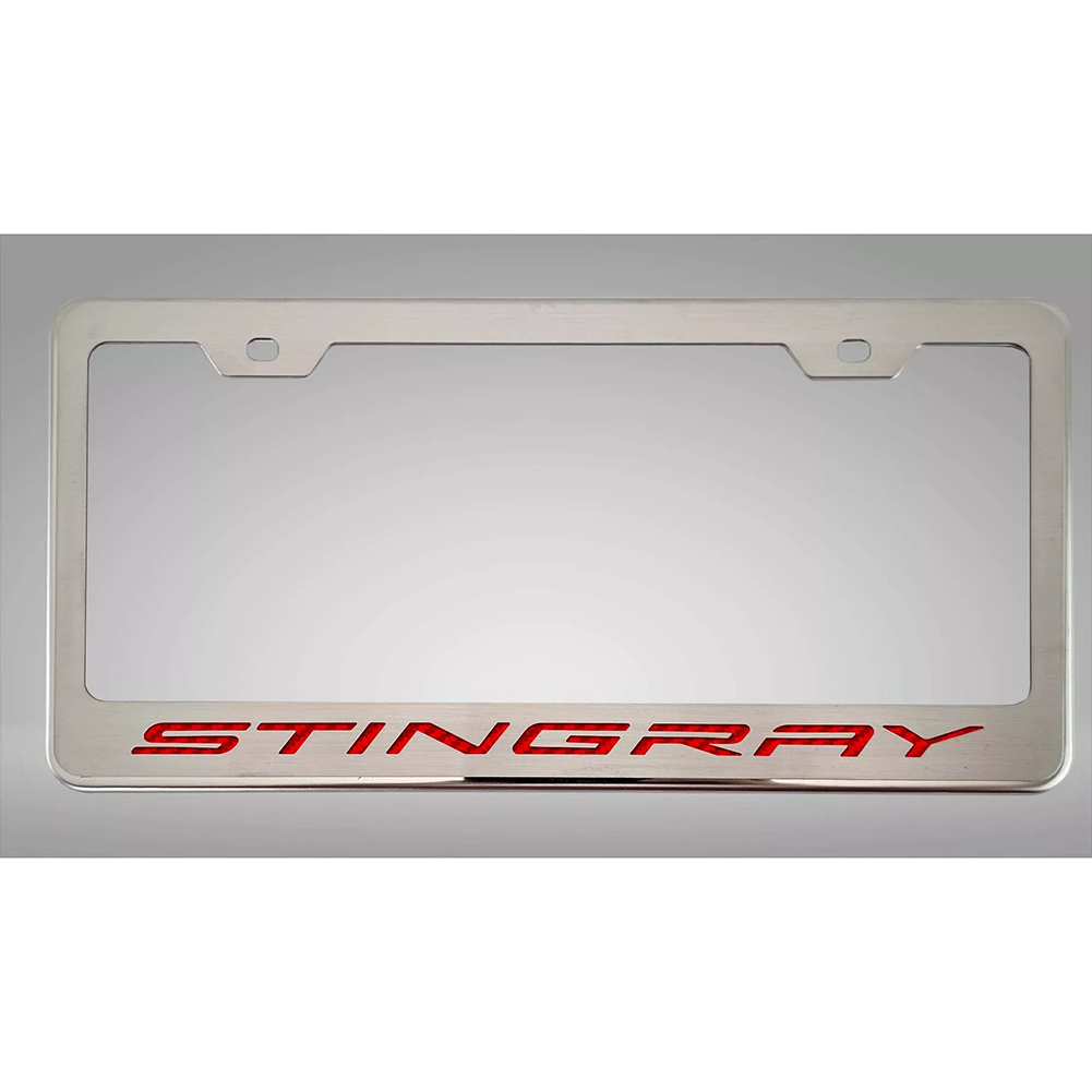C8 Corvette - License Plate Frame Brushed Stainless Steel W/ Carbon Fiber Stingray Script