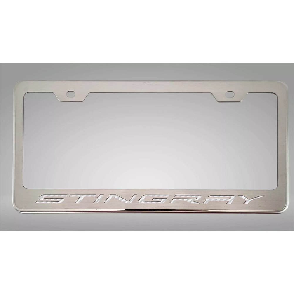 C8 Corvette - License Plate Frame Brushed Stainless Steel W/ Carbon Fiber Stingray Script