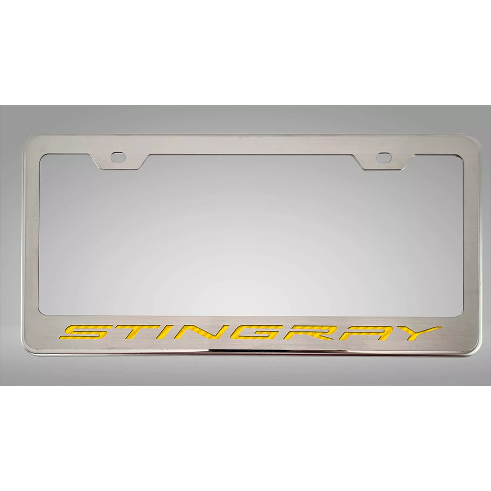 C8 Corvette - License Plate Frame Brushed Stainless Steel W/ Carbon Fiber Stingray Script