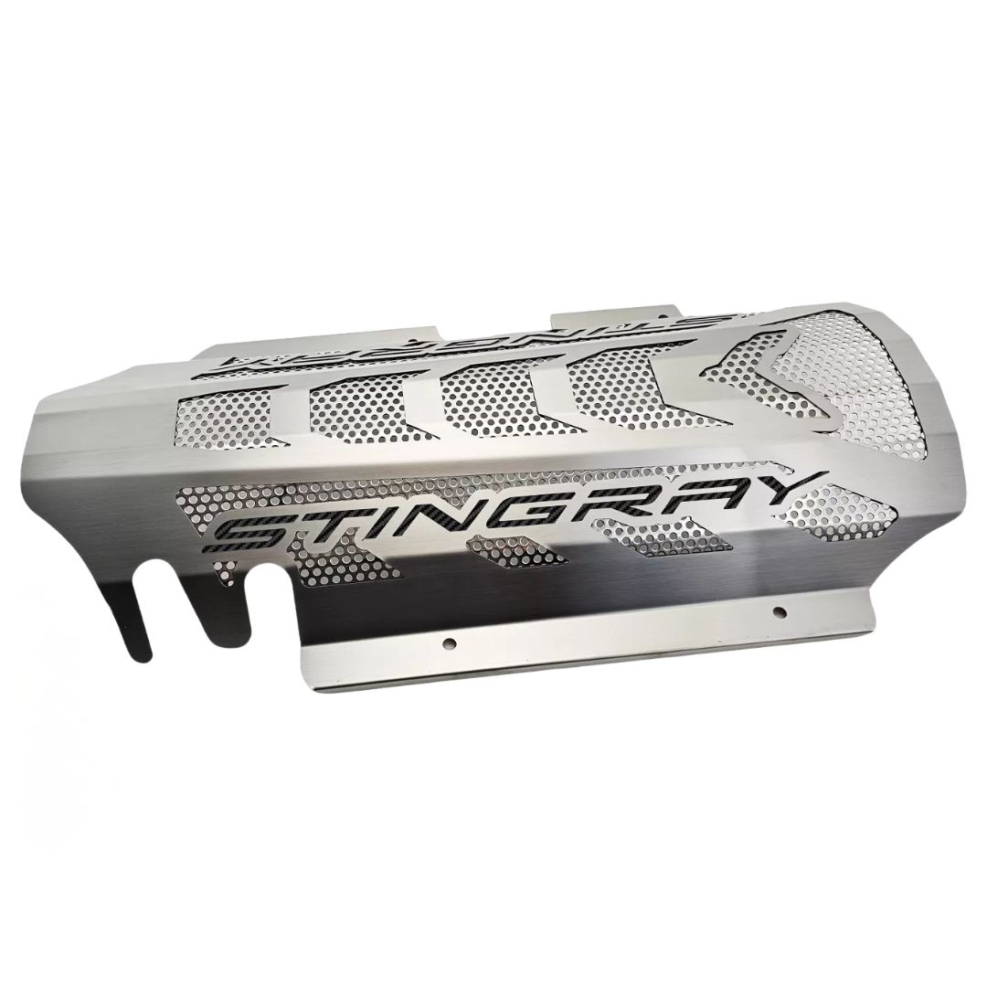 C8 Corvette Coupe Engine Cover - Brushed Stainless W/ Perforated Insert, Singray Lettering - Stingray, Z51 LS2