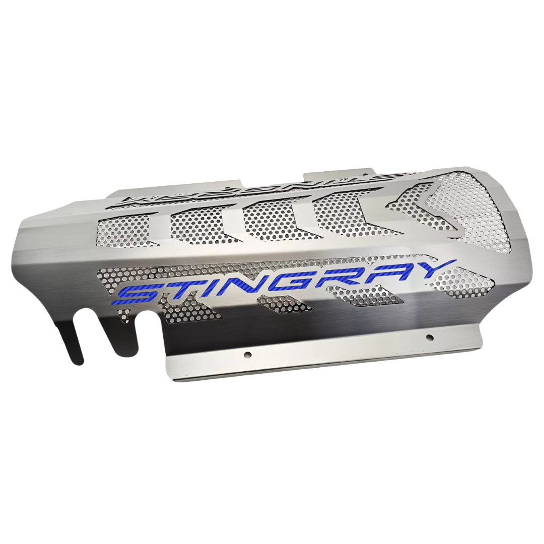 C8 Corvette Coupe Engine Cover - Brushed Stainless W/ Perforated Insert, Singray Lettering - Stingray, Z51 LS2