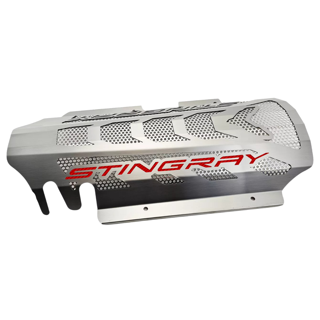 C8 Corvette Coupe Engine Cover - Brushed Stainless W/ Perforated Insert, Singray Lettering - Stingray, Z51 LS2