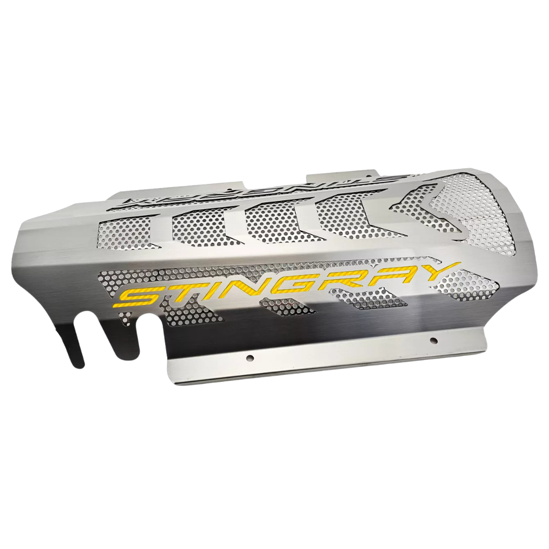 C8 Corvette Coupe Engine Cover - Brushed Stainless W/ Perforated Insert, Singray Lettering - Stingray, Z51 LS2