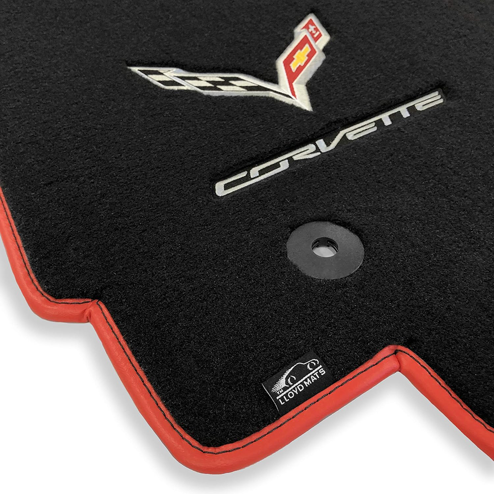 Corvette Floor Mats - Lloyds Velourtex Mats with C7 Crossed Flags & Corvette Script W/ Red Binding : C7 Stingray, Z51