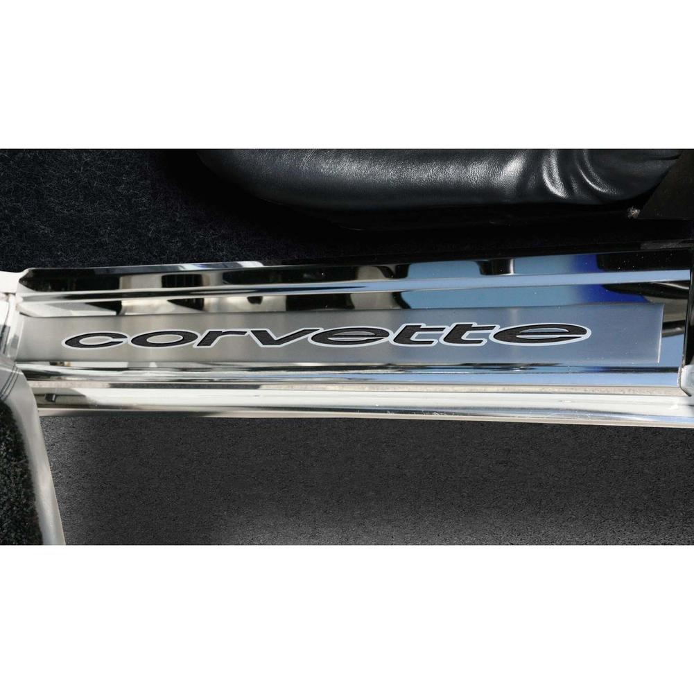 C3 Corvette Door Sills w/Corvette Vinyl Inlay Lettering 2Pc Polished Stainless : 1978-1982