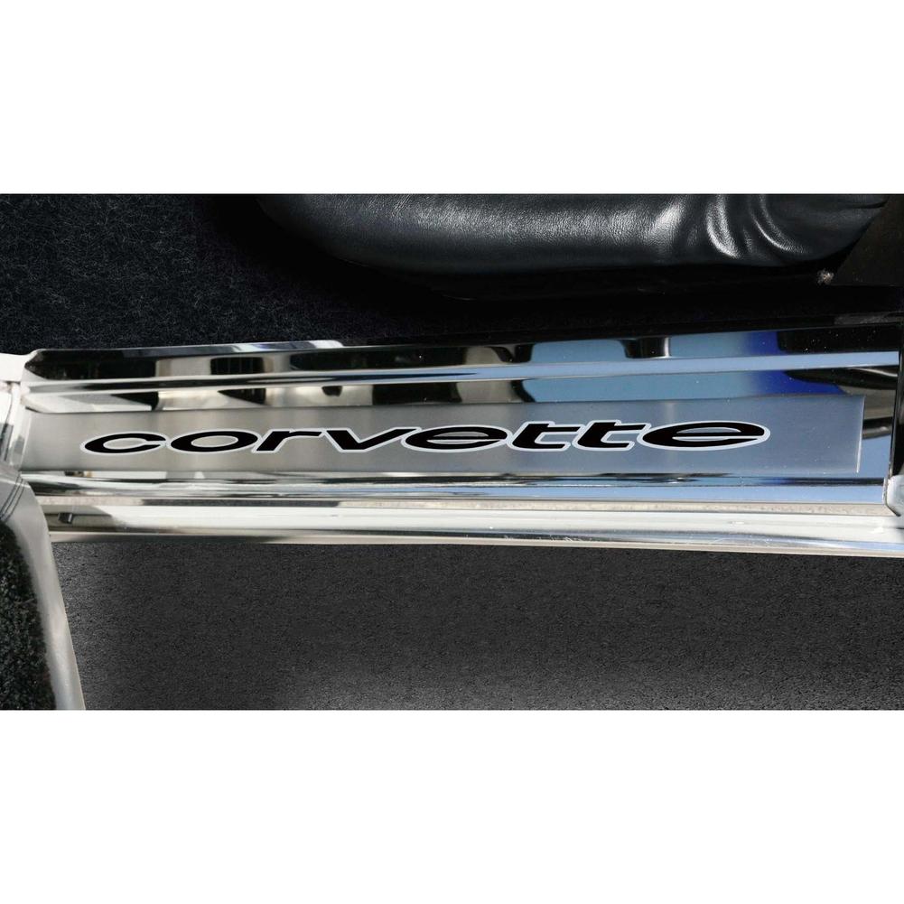 C3 Corvette Door Sills w/Corvette Vinyl Inlay Lettering 2Pc Polished Stainless : 1978-1982
