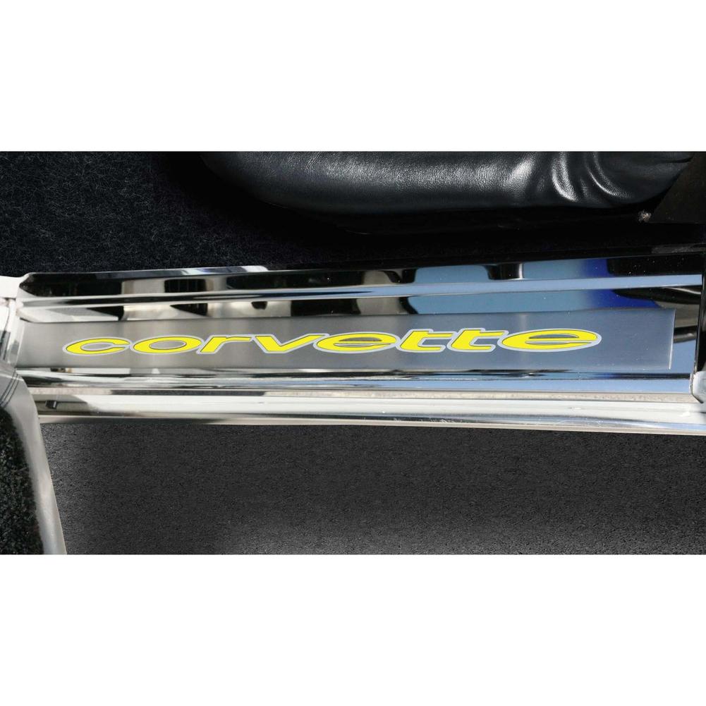C3 Corvette Door Sills w/Corvette Vinyl Inlay Lettering 2Pc Polished Stainless : 1978-1982