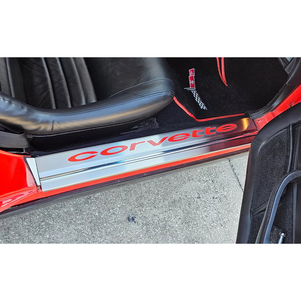 C3 Corvette Door Sills w/Corvette Vinyl Inlay Lettering 2Pc Brushed Stainless : 1978-1982