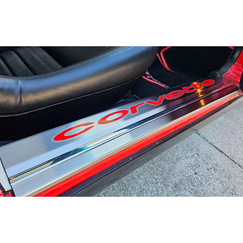 C3 Corvette Door Sills w/Corvette Vinyl Inlay Lettering 2Pc Brushed Stainless : 1978-1982