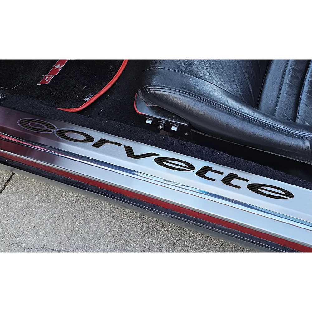 C3 Corvette Door Sills w/Corvette Vinyl Inlay Lettering 2Pc Brushed Stainless : 1978-1982