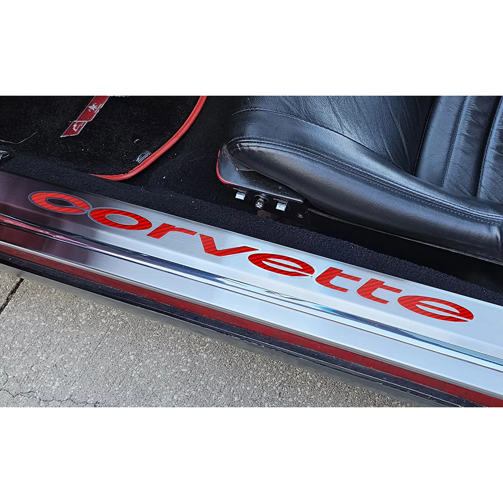 C3 Corvette Door Sills w/Corvette Vinyl Inlay Lettering 2Pc Brushed Stainless : 1978-1982