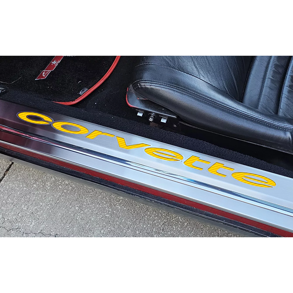 C3 Corvette Door Sills w/Corvette Vinyl Inlay Lettering 2Pc Brushed Stainless : 1978-1982