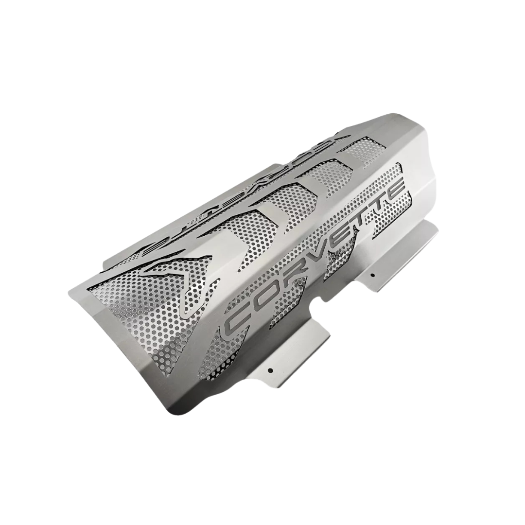C8 Corvette Engine Cover - Brushed Stainless W/ Perforated Insert W/ Corvette Lettering - Stingray, Z51 LS2