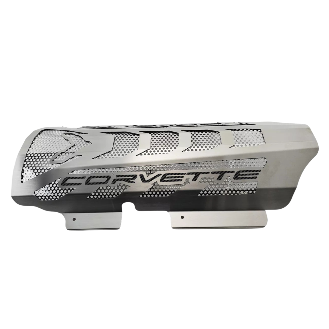C8 Corvette Engine Cover - Brushed Stainless W/ Perforated Insert W/ Corvette Lettering - Stingray, Z51 LS2