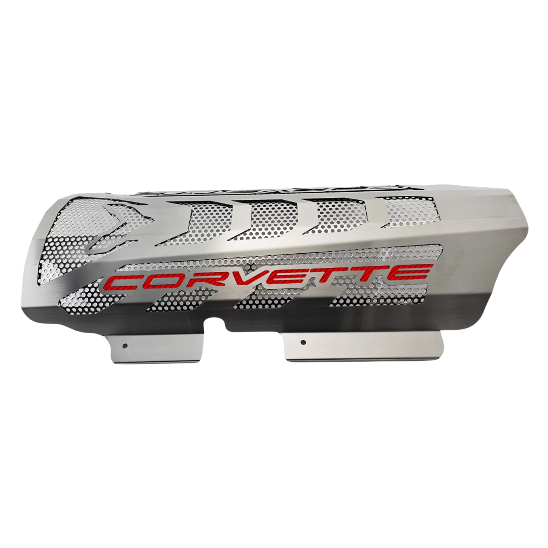 C8 Corvette Engine Cover - Brushed Stainless W/ Perforated Insert W/ Corvette Lettering - Stingray, Z51 LS2