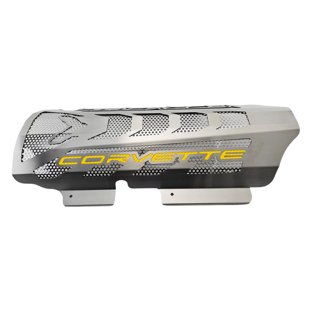 C8 Corvette Engine Cover - Brushed Stainless W/ Perforated Insert W/ Corvette Lettering - Stingray, Z51 LS2