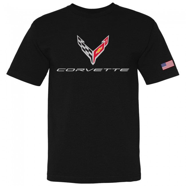 C8 Corvette USA Made Crossed Flag Tee : Black