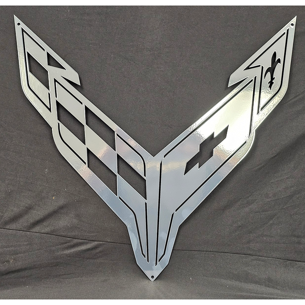 C8 Corvette Crossed Flag Emblem Metal Sign : Chrome 20 x 19