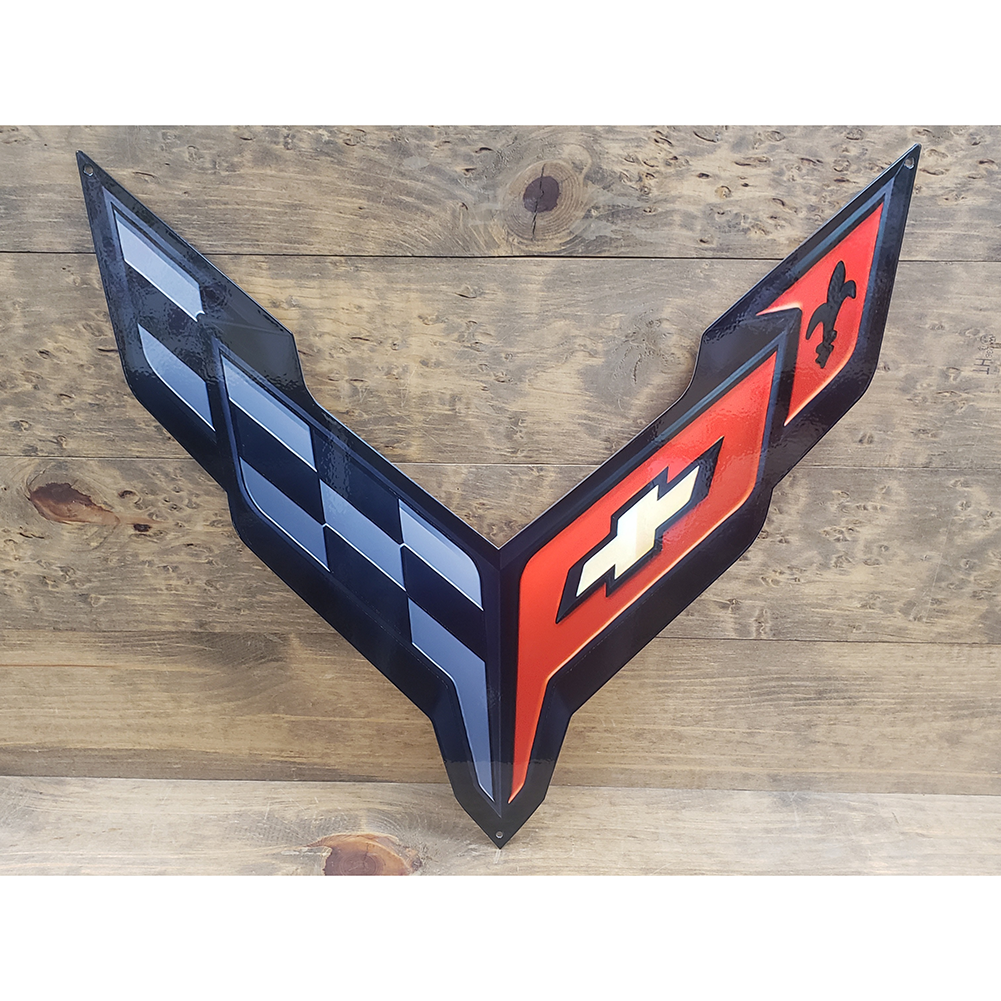 C8 Corvette Crossed Flag Emblem Metal Sign : Black
