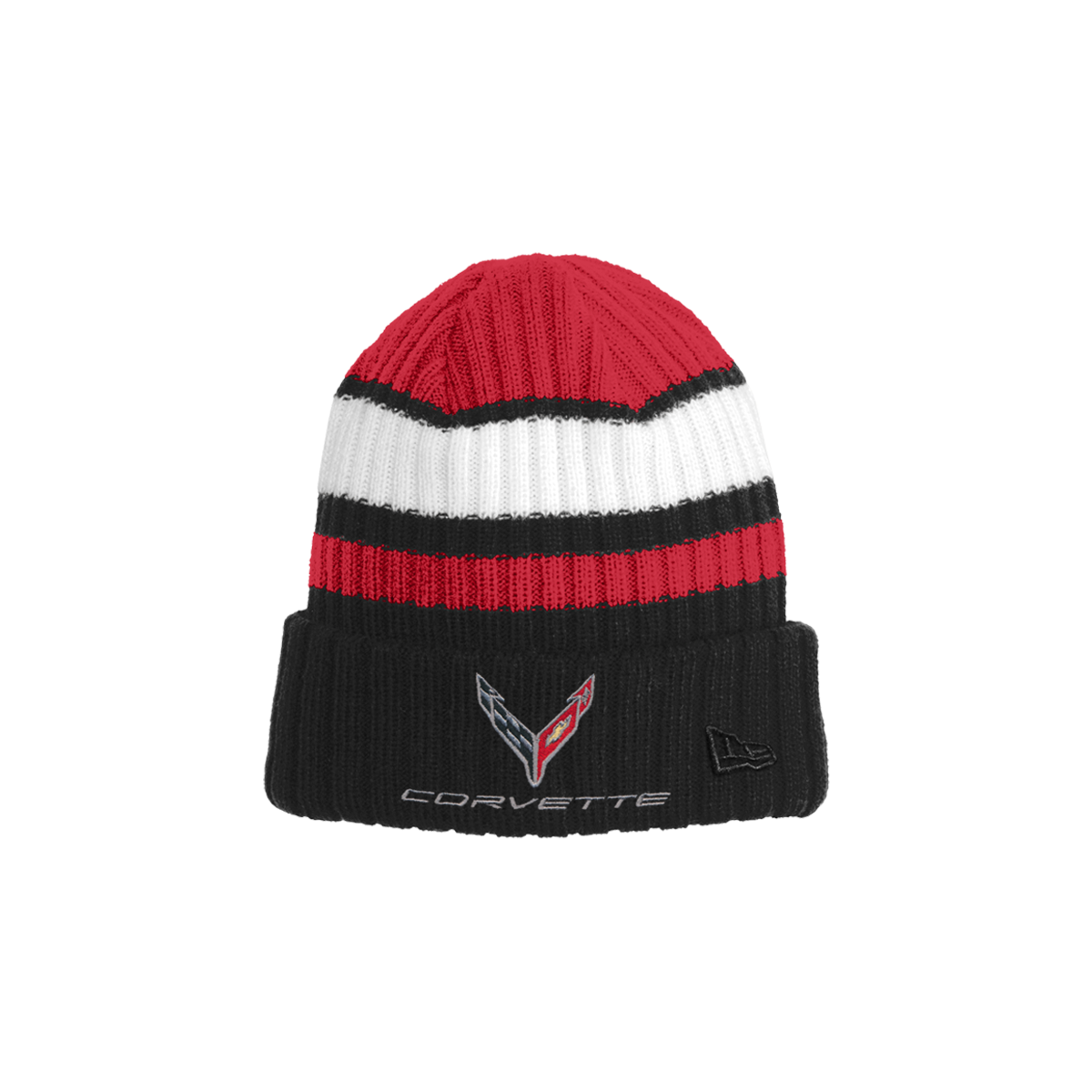 C8 Corvette Knit Striped Beanie : Red Black and White