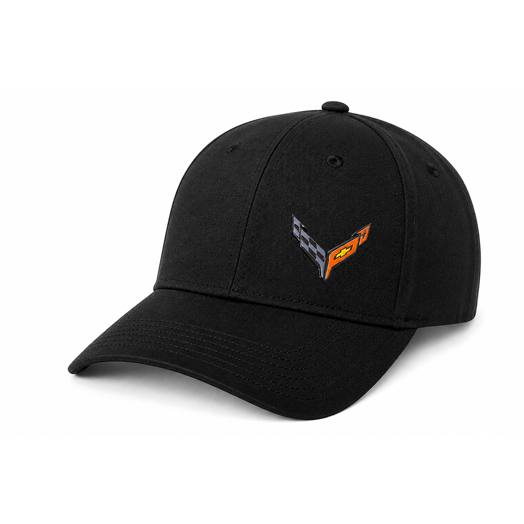 C8 Corvette Crossed Flag Logo Fitted Hat : Black