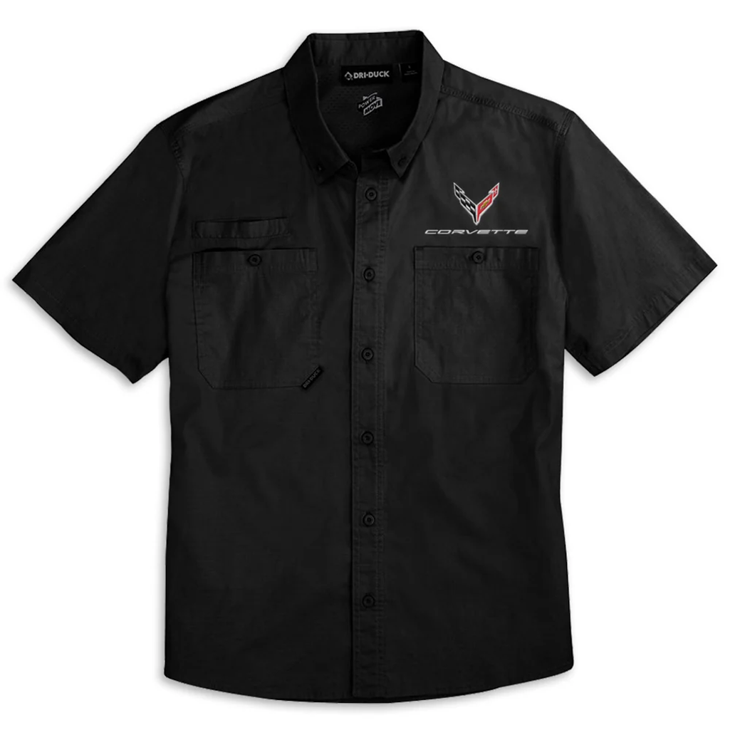C8 Corvette DRI DUCK Men’s Short Sleeve Button Down Shirt : Black