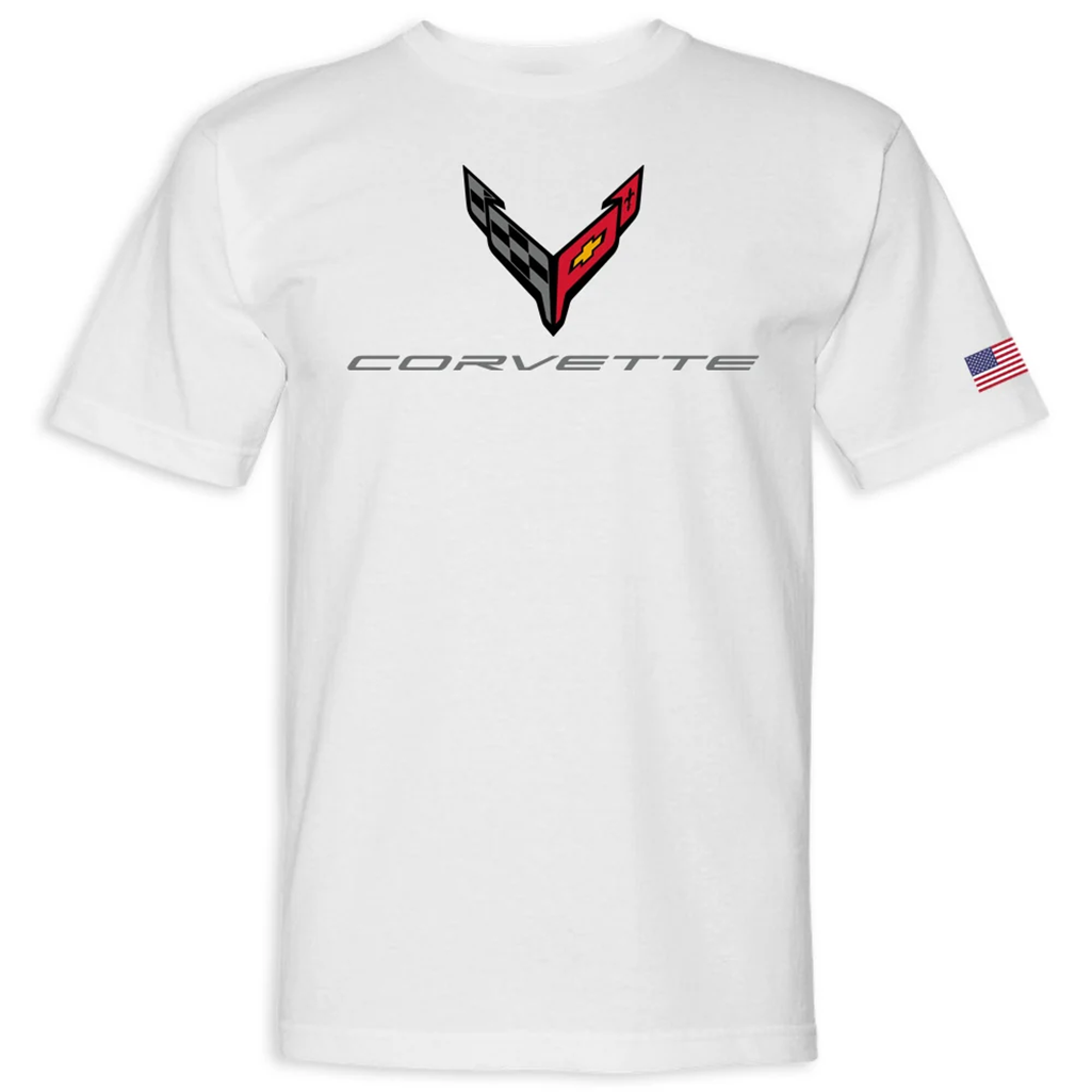 C8 Corvette USA Made Crossed Flags Tee : White