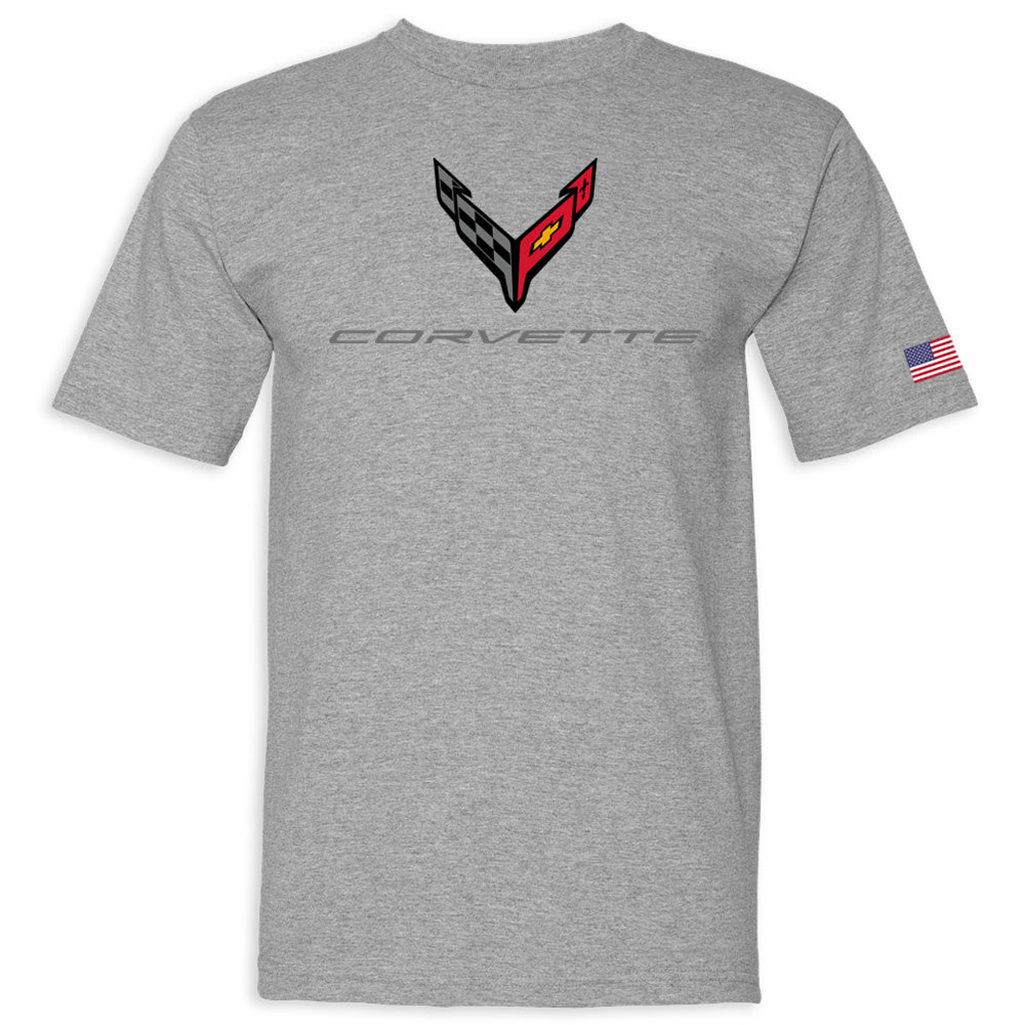 C8 Corvette USA Made Crossed Flags Tee : Gray