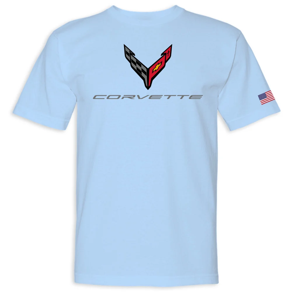 C8 Corvette USA Made Crossed Flags Tee : Light Blue