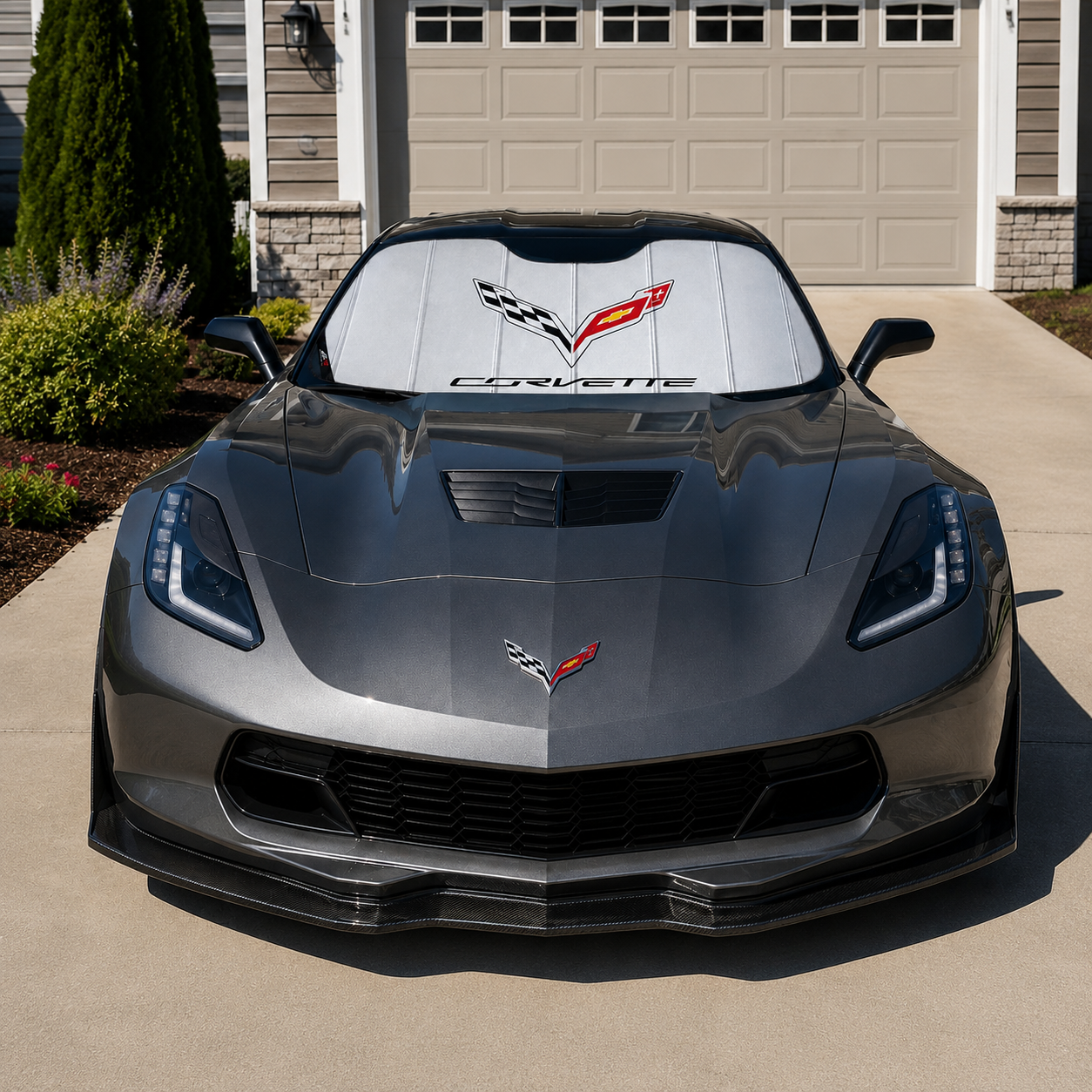 Corvette Insulated Foldable Accordion Style Silver Sunshade W/ Logo : C7 Stingray, Z51, Z06, Grand Sport, ZR1