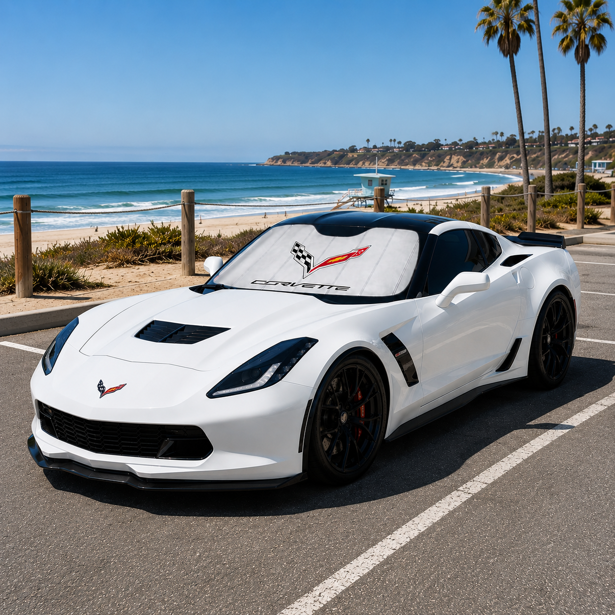 Corvette Insulated Foldable Accordion Style Silver Sunshade W/ Logo : C7 Stingray, Z51, Z06, Grand Sport, ZR1