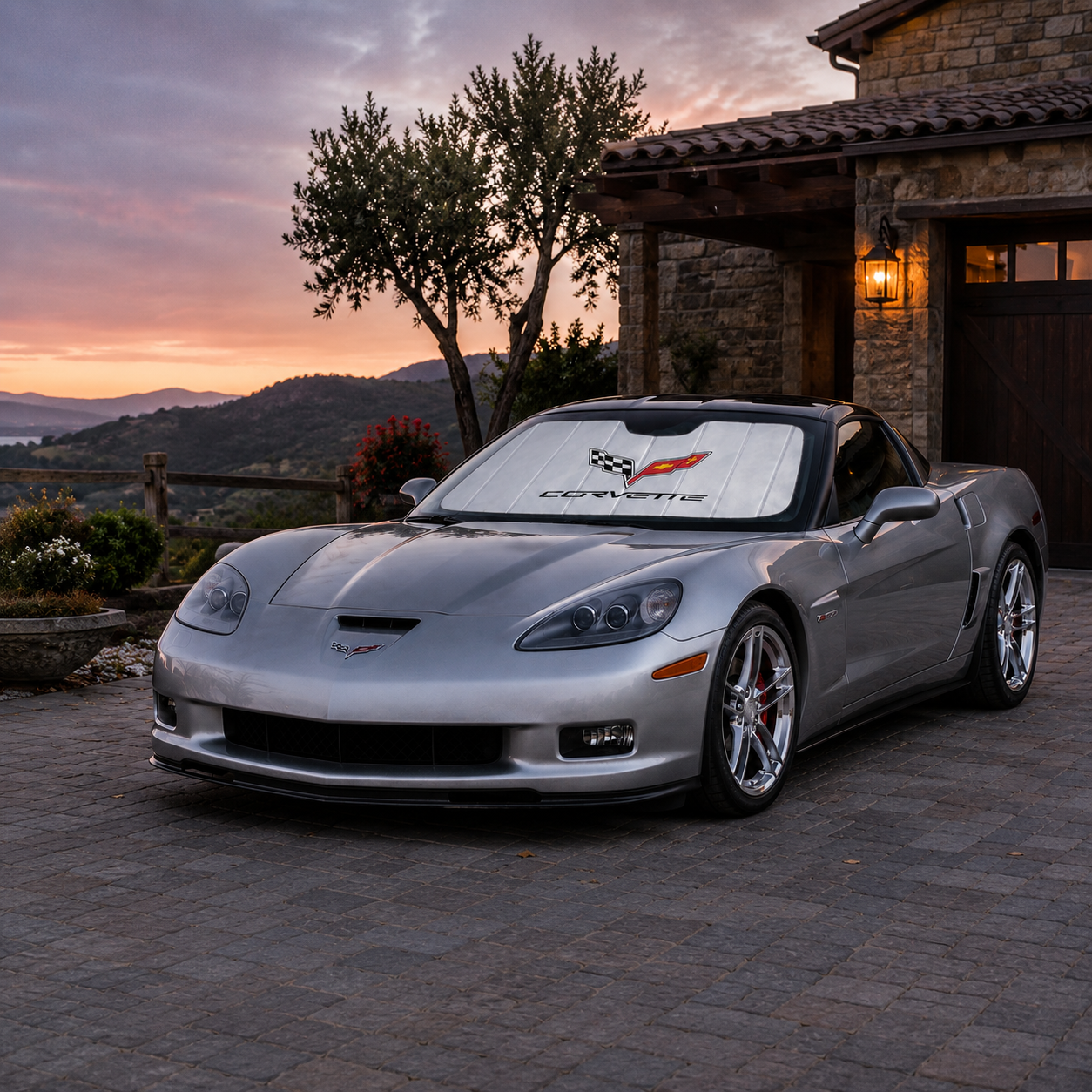 Corvette Insulated Foldable Accordion Style Silver Sunshade W/ Logo : 2005-2013 C6, Z06, Grand Sport, ZR1