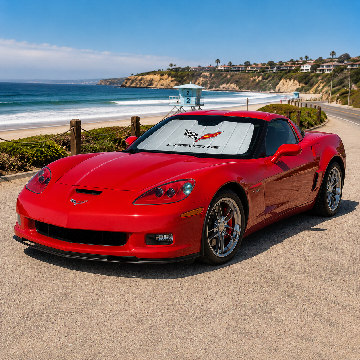 Corvette Insulated Foldable Accordion Style Silver Sunshade W/ Logo : 2005-2013 C6, Z06, Grand Sport, ZR1