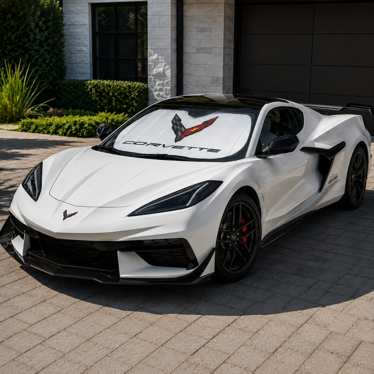Corvette Insulated Foldable Accordion Style Silver Sunshade W/ Logo : C8 Stingray, Z51, Z06, E-Ray, ZR1