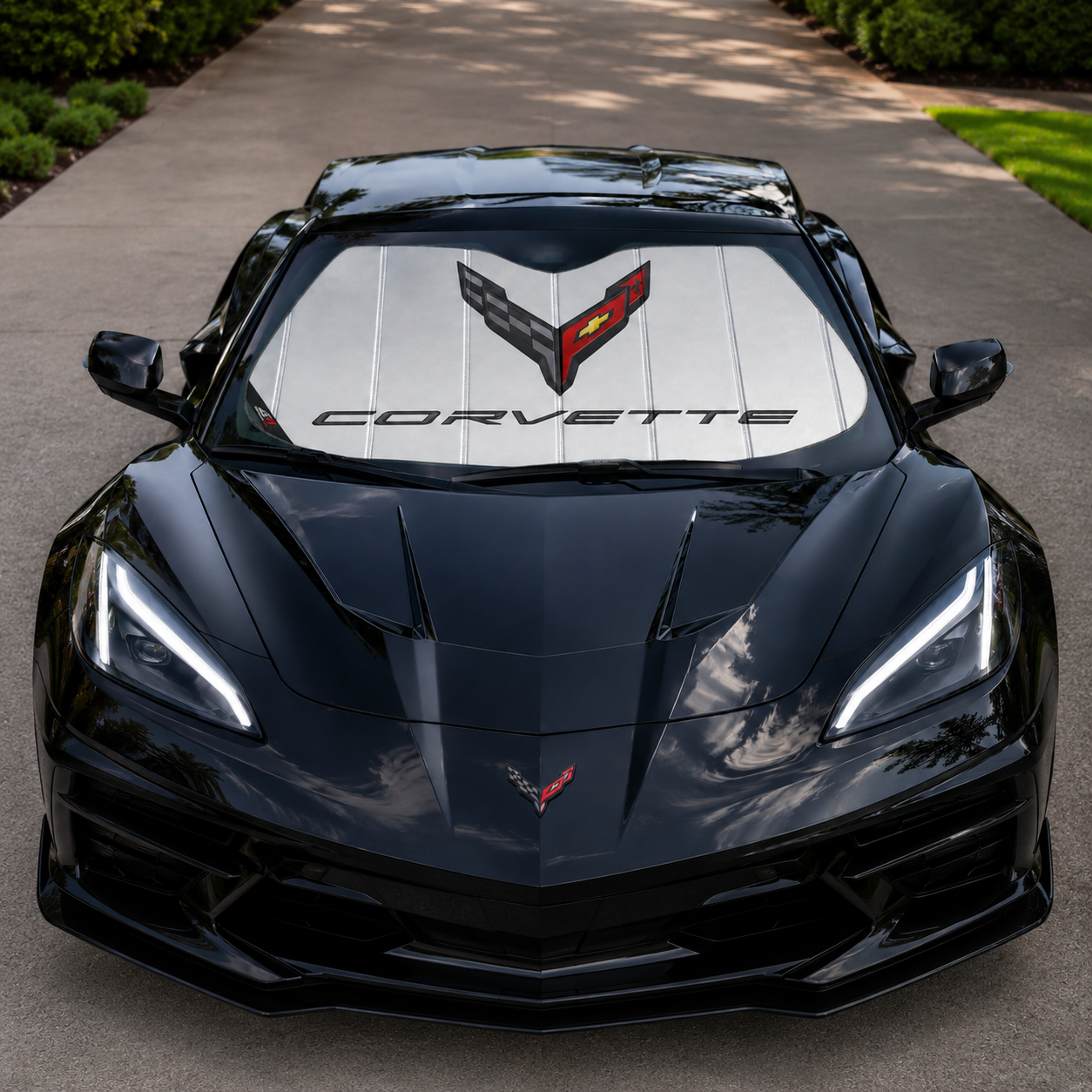 Corvette Insulated Foldable Accordion Style Silver Sunshade W/ Logo : C8 Stingray, Z51, Z06, E-Ray, ZR1