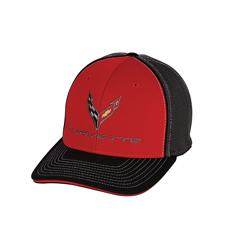 C8 Corvette Sandwich Bill Flex Fit Hat : Red