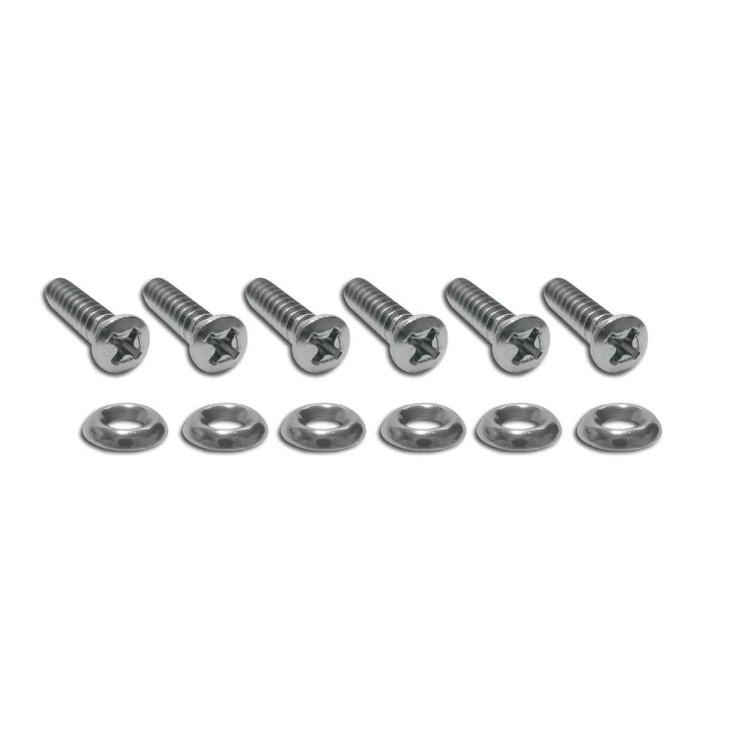 Six silver metal screws with star-drive heads and six matching flat washers arranged in two rows on a plain white background.