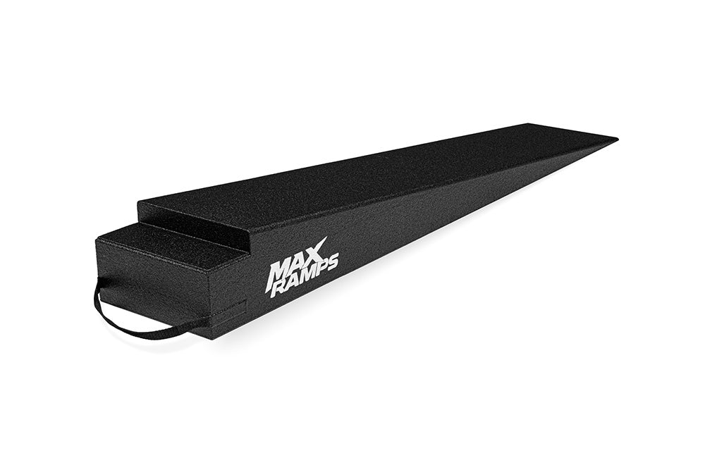 A single 8-inch tall extra long trailer ramp on a white background