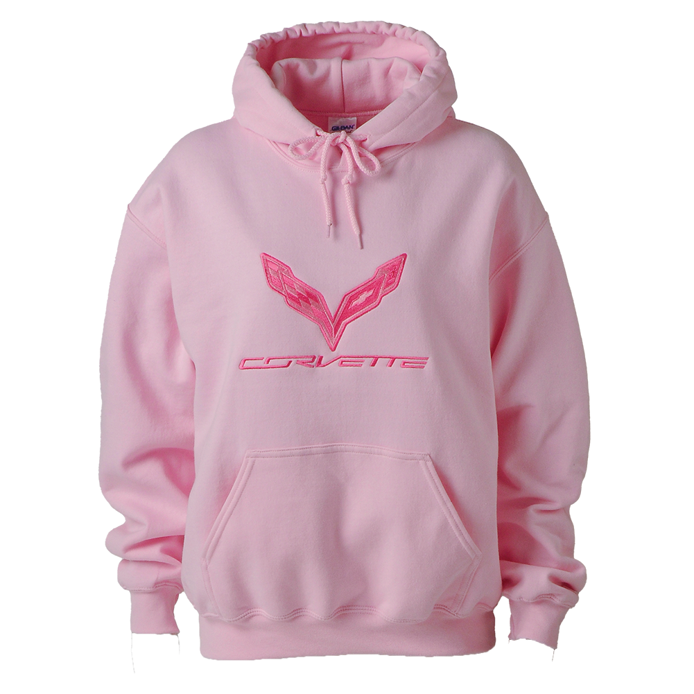 Corvette Ladies Hooded (Hoodie) Sweatshirt - Embroidered Pink : C7 Stingray - Medium