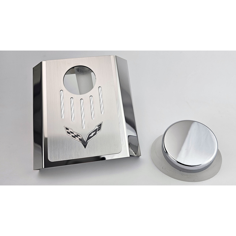 Corvette Brake Master Cylinder Cover W/Corvette Flags w/ Cap Cover - Stainless Steel : 2014-2019 C7 Stingray, Z51, Z06, Grand Sport, ZR1
