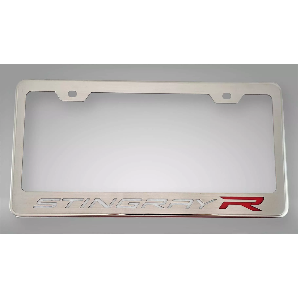 C8 Corvette - License Plate Frame Brushed Stainless Steel W/ Stingray R Script