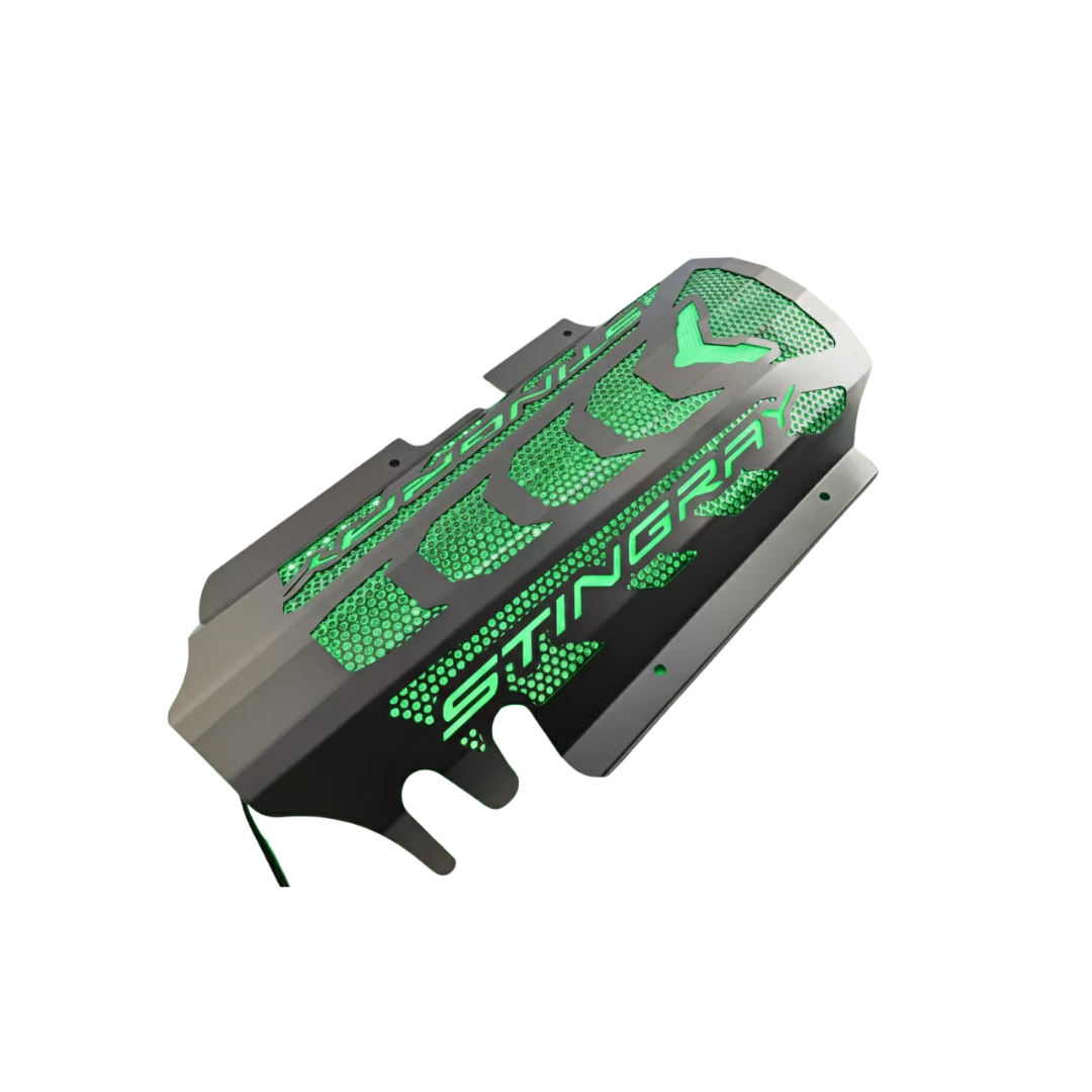 C8 Corvette Coupe Engine Cover - Brushed Stainless W/ Perforated Insert, Singray Lettering - Stingray, Z51 LS2