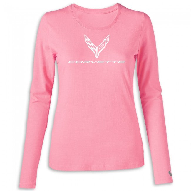 C8 Corvette Ladies Long Sleeve Crew T-Shirt : Pink